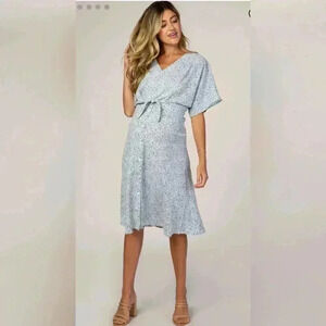 Calista Modest Floral Maternity Midi Blue Dress Size Large Like New